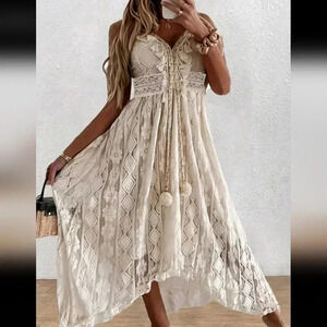 Ladies' Solid Color Lace Fringed Spaghetti Strap Dress